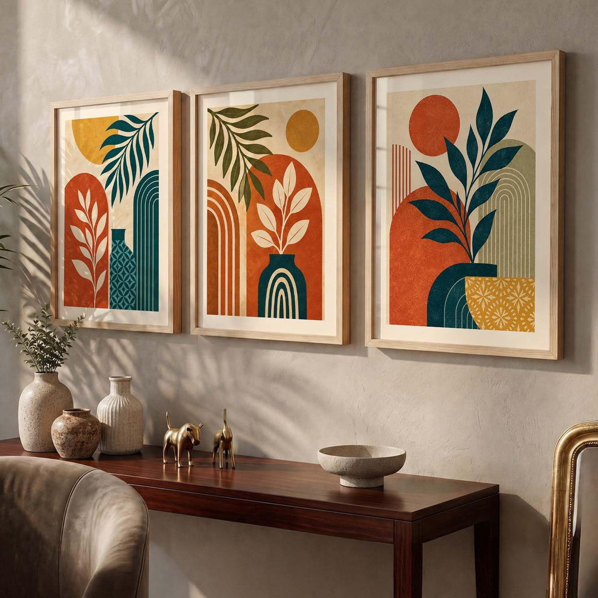 BOHO Art Home Decor Painting | Modern BOHO Artwork with Frame for Living Room Bedroom Hotel Wall | Digital Reprint Set of 3 | 13X17 Inch