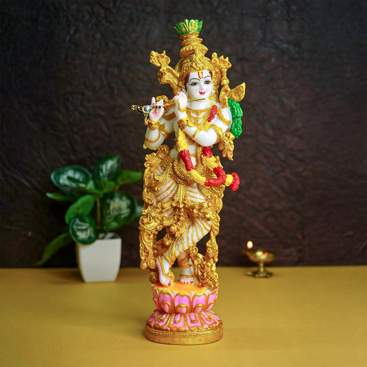 Marble Dust Lord Krishna Idol with Flute (14 inch, Big Size) | Colorful Gold Shree Lord Krishna Statue for Home Decor | Resin Kanha Ji ki Murti | Sri Krishna Idols for Gift