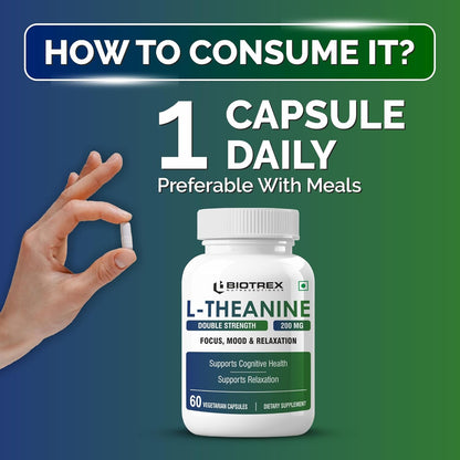 Biotrex Nutraceuticals L-Theanine 200mg Double Strength, Non-Drowsy Support | Helps Cognitive Health & Relaxation - 60 Veg Capsules