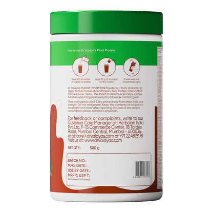 Dr. Vaidya’s Plant Protein Powder | Ayurvedic Pea Protein with Ashwagandha, Methi & Ajwain | 25g Protein per Serving | Muscle Gain, Energy & Weight Loss | 500g Chocolate Flavour