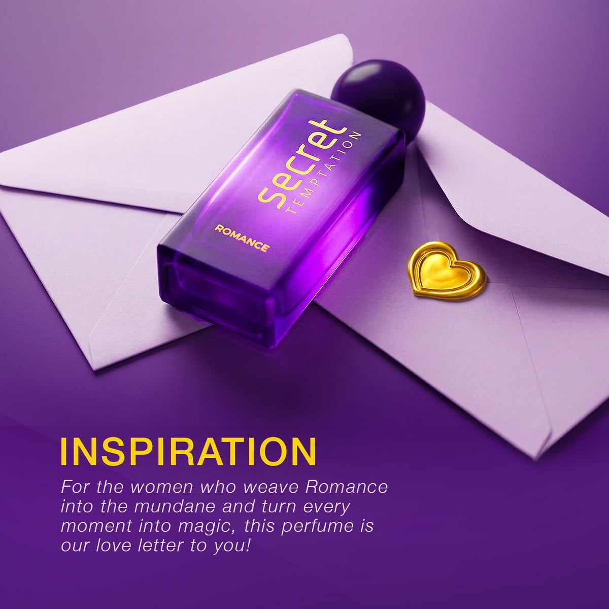 Purple perfume bottle labeled 'Secret Temptation' on a purple background with text.