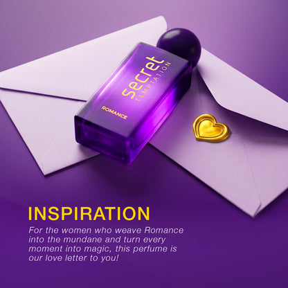 Purple perfume bottle labeled 'Secret Temptation' on a purple background with text.