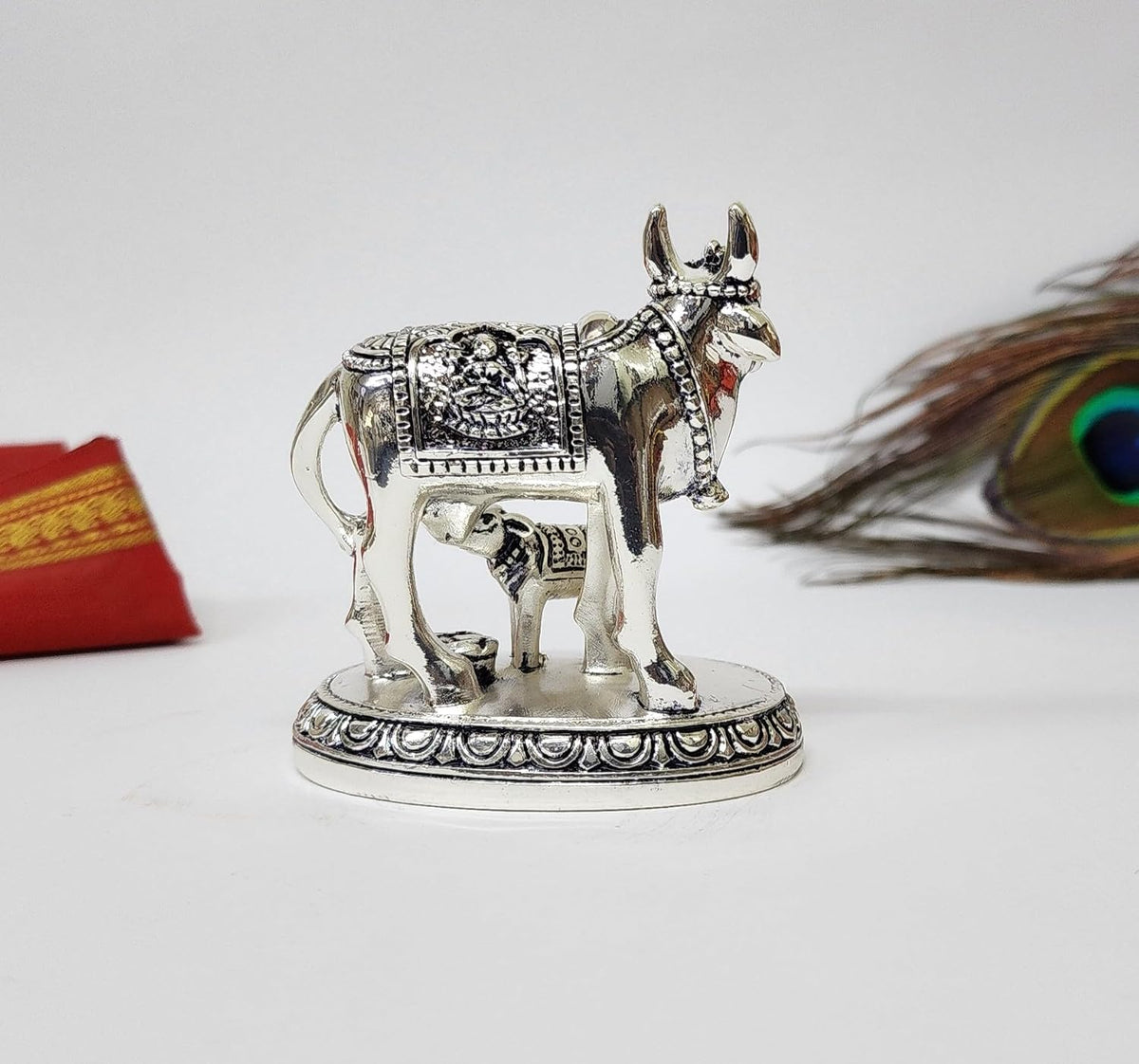 Gold Art India Kamdhenu Cow and Calf Idol | Silver Finish Decorative Murti | 7.62 cm x 7.62 cm | Sacred Gau MATA Statue for Home Temple & Gift