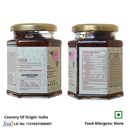 Vanalaya Natural Gulkand Rose Petal Jam - Sun-Cooked Traditional Damask Rose Petals with Cardamom - 600gm
