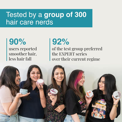 Group of women holding hair care products with text about user feedback on a gray background