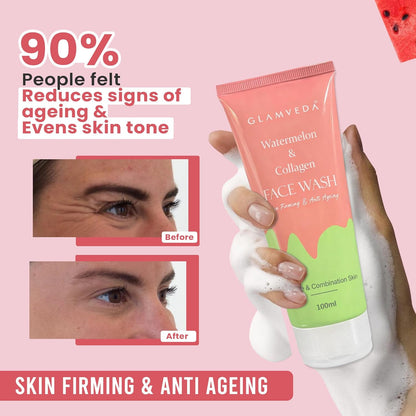 Glamveda Watermelon & Collagen Face Wash | Anti Ageing Face Wash For Glowing Skin, Reduces Fine Lines, Wrinkles & Skin Dullness, Removes Excess Oil & Dirt | All Skin Types |For Women & Men| 100ml