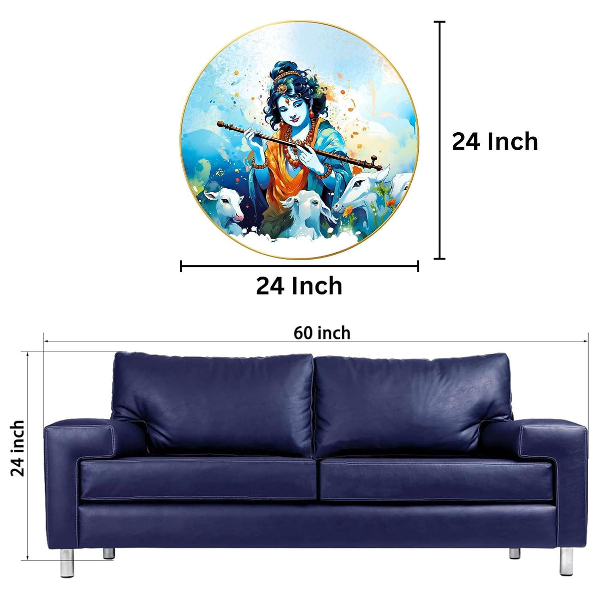 Radha Krishna Wall Painting for Wall Decoration with Frame Sparkle Glossy Round Golden Framed Large Painting Office, Living Room, Bedroom, Home Decoration (60x60 Cm CH-RKR21)