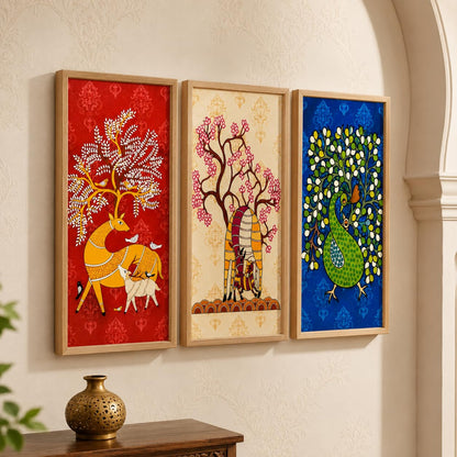 Set of 3 Folk Animal Tree Wall Paintings with Sparkle Laminate, Premium Wooden Synthetic Frame, Deer Elephant Peacock Art for Living Room Bedroom Decor