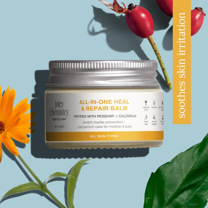 Juicy Chemistry All-In-One Heal & Repair Balm with Rosehip + Calendula, 25g | Multi-Purpose Organic Balm for Dry Skin, Lips, Elbows, Stretch Marks & Scars | Certified Organic, Fragrance-Free
