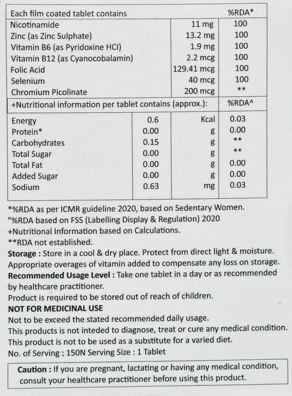 KROVIT-CZ Multivitamin Tablets with Chromium Picolinate, Zinc, Selenium, Vitamin B6, Vitamin B12, Folic Acid & Nicotinamide | Daily Nutritional Supplement for Adults | 150 Tablets