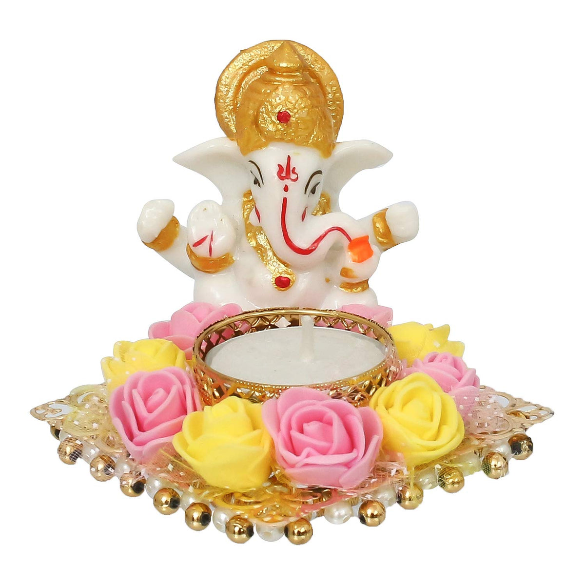 Resin Lord Ganesha Idol on Decorative Flower Plate Tea Light Candle Holder|Ganpati Murti Tea Light Holder Diwali Decoration Item for Home Decor Office|Gift for Diwali Housewarming Birthday