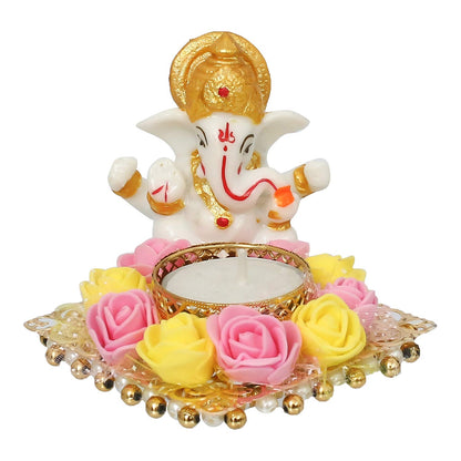 Resin Lord Ganesha Idol on Decorative Flower Plate Tea Light Candle Holder|Ganpati Murti Tea Light Holder Diwali Decoration Item for Home Decor Office|Gift for Diwali Housewarming Birthday