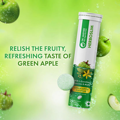 Dr. Vaidya's Herboslim Fizz With L-Carnitine, Garcinia, And No Added Sugar, Green Apple Flavour, 15 Tablets