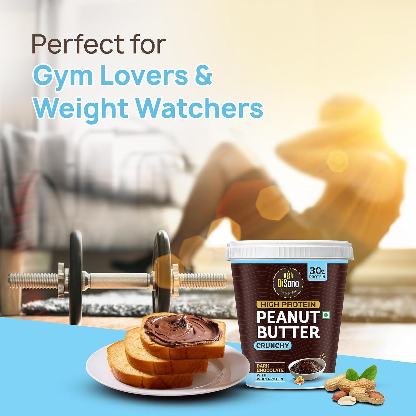 DiSano High Protein Dark Chocolate Peanut Butter with Whey Protein, Crunchy | 30g Protein. Gluten Free, Post & Pre Workout snack