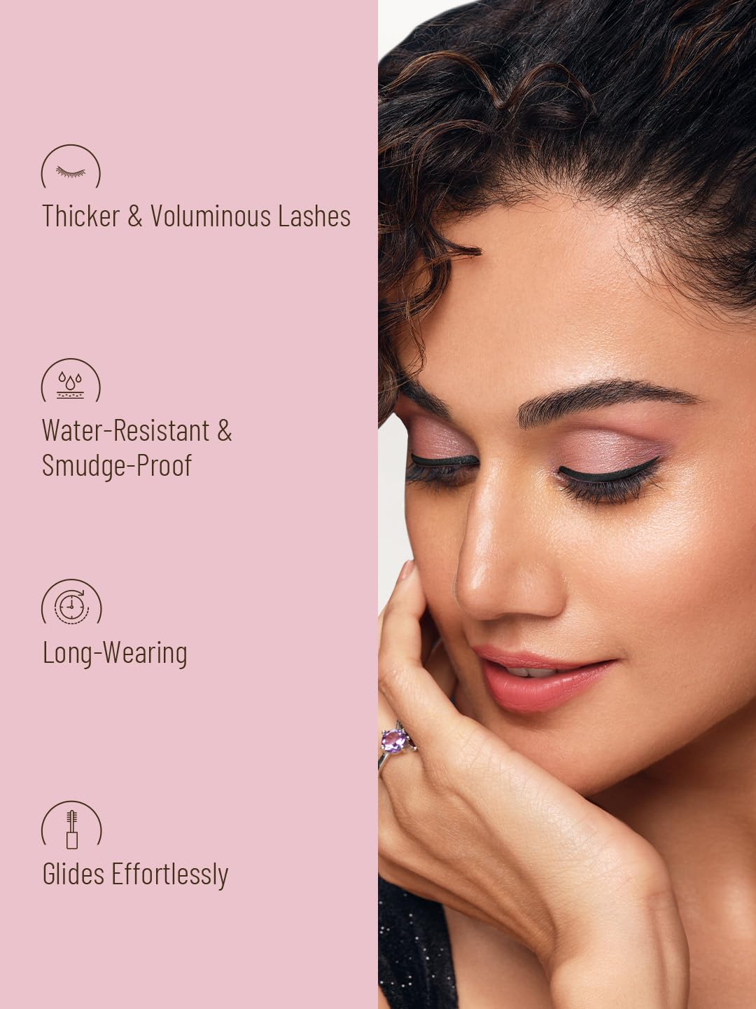 Woman with styled eyelashes on a pink background with product features listed.