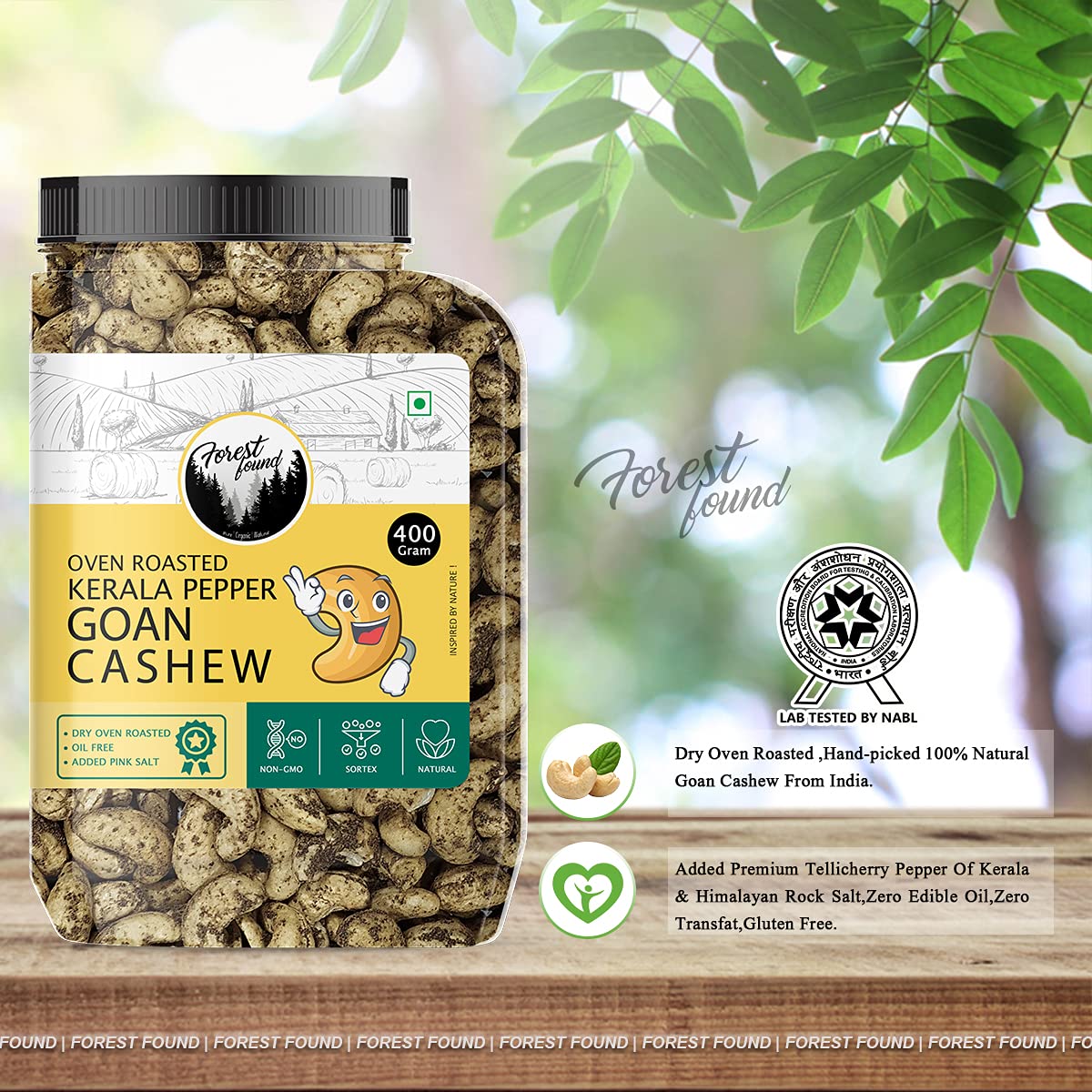 Forest Found Tellicherry Pepper Roasted Cashews (400g) | 100% Oil-Free & Dry Roasted | Jumbo Premium Kaju Nuts | Low Sodium Gourmet Healthy Snack | Black Pepper Seasoned Roasted Cashews