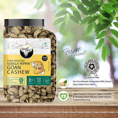 Forest Found Tellicherry Pepper Roasted Cashews (400g) | 100% Oil-Free & Dry Roasted | Jumbo Premium Kaju Nuts | Low Sodium Gourmet Healthy Snack | Black Pepper Seasoned Roasted Cashews