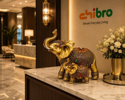 Decorative Elephant Showpiece for Home Décor | Resin Lucky Elephant Statue with Mother & Baby Design | Tabletop Feng Shui Good Luck Idol (Golden Elephant Family)