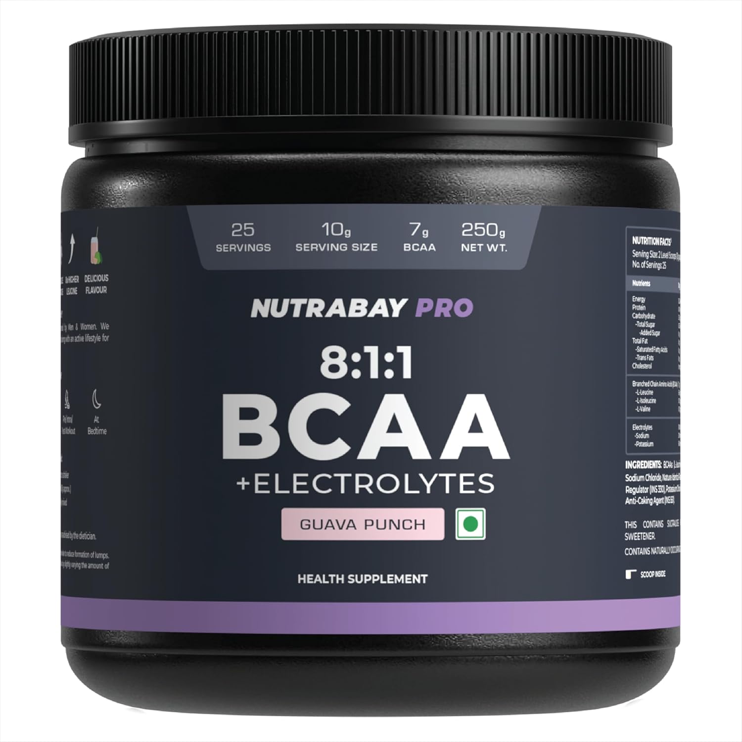 Black supplement container labeled 'NUTRABAY PRO 8:1:1 BCAA + Electrolytes' on a white background