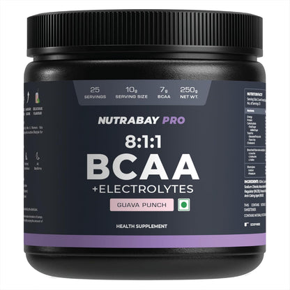 Black supplement container labeled 'NUTRABAY PRO 8:1:1 BCAA + Electrolytes' on a white background
