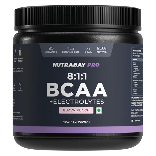 Black supplement container labeled 'NUTRABAY PRO 8:1:1 BCAA + Electrolytes' on a white background