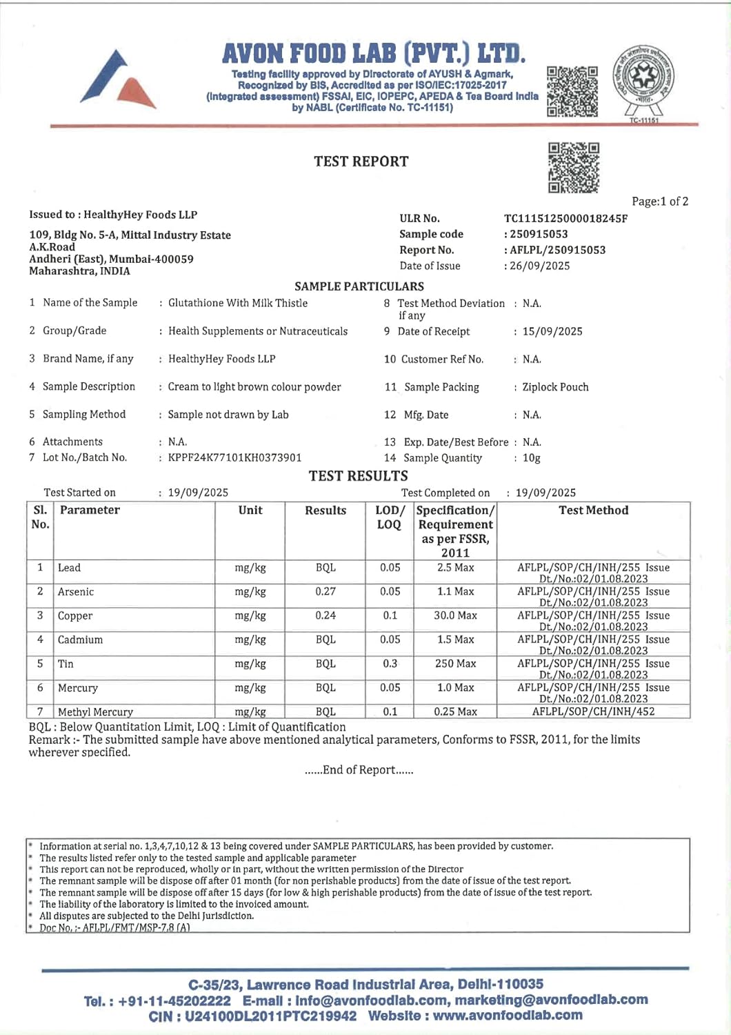 Avon Food Lab test report with various certifications and test results.