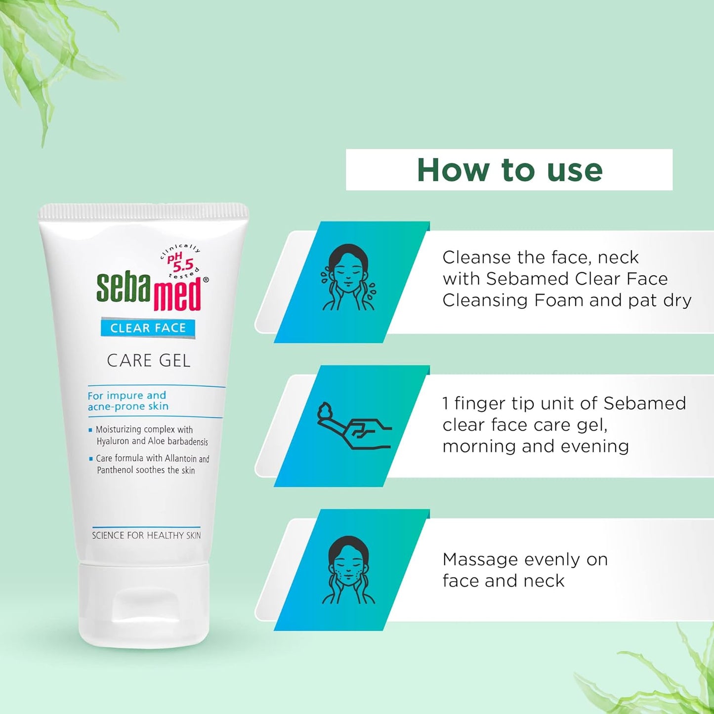 Sebamed Clear Face Care Gel packaging with usage instructions on a light green background