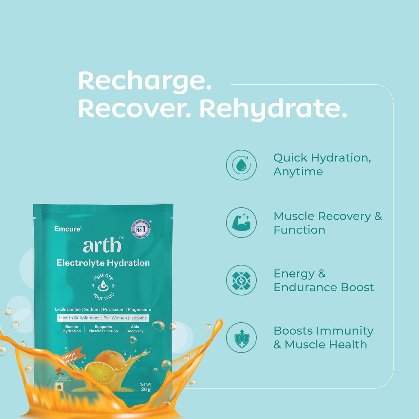 Arth Electrolyte Powder for Quick & Daily Hydration | With L-Glutamine, Potassium & Magnesium | Low Sodium Hydration Drink | Supports Muscle Recovery & Immunity | Orange Flavour | 20 Sachets