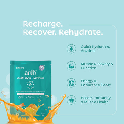 Arth Electrolyte Powder for Quick & Daily Hydration | With L-Glutamine, Potassium & Magnesium | Low Sodium Hydration Drink | Supports Muscle Recovery & Immunity | Orange Flavour | 20 Sachets