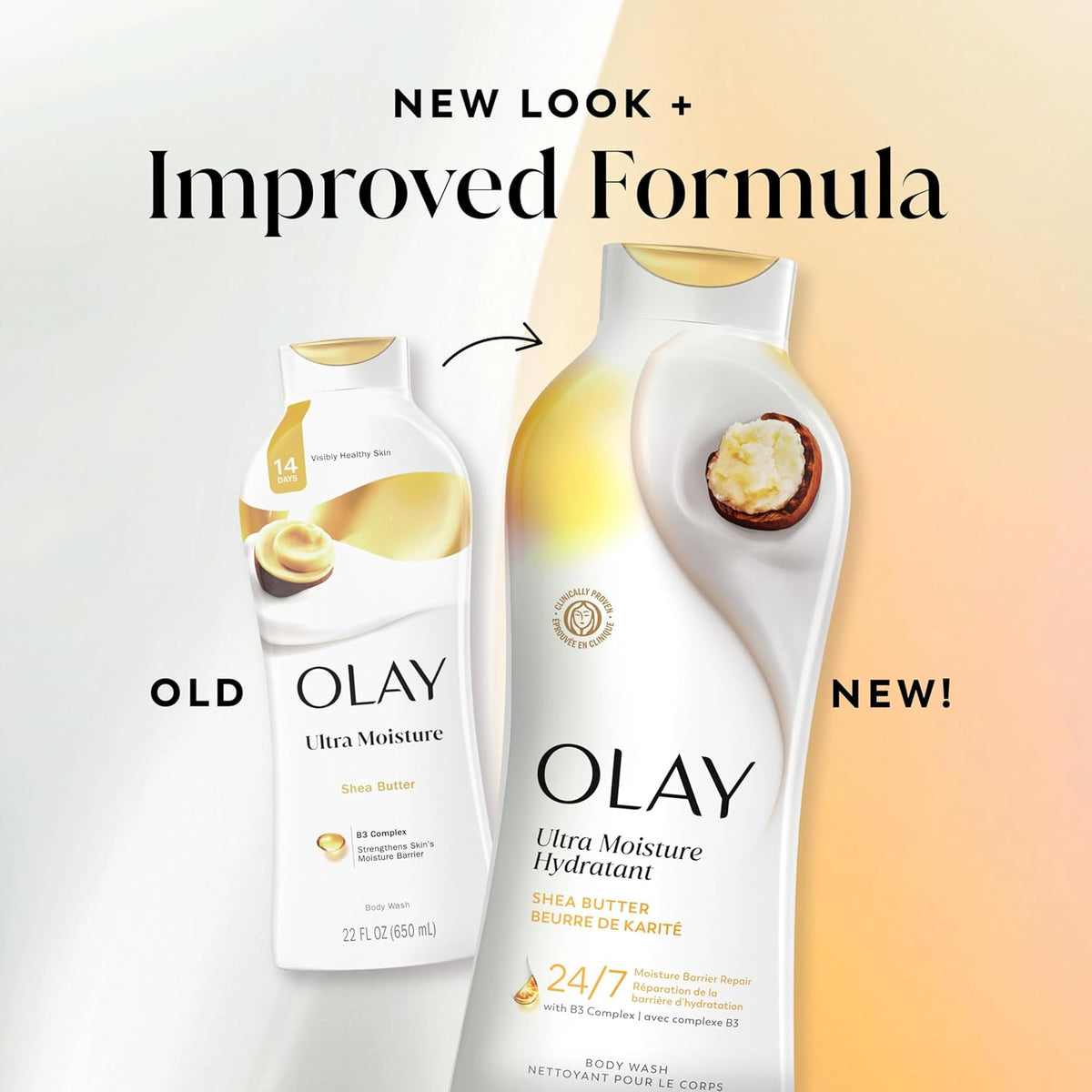 Comparison of old and new Olay Ultra Moisture body wash bottles with text 'New Look + Improved Formula'.