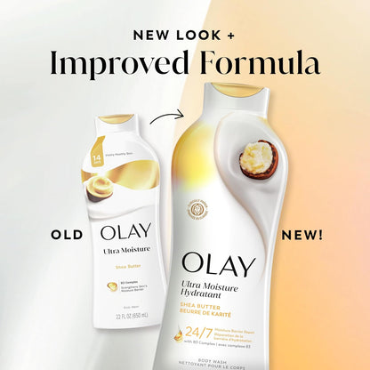 Comparison of old and new Olay Ultra Moisture body wash bottles with text 'New Look + Improved Formula'.