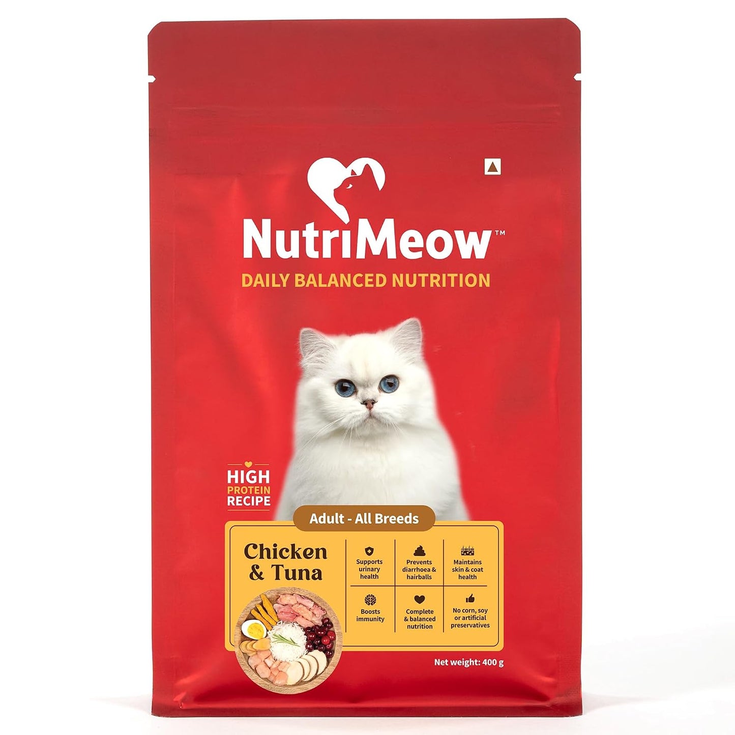NutriMeow Daily Balanced Nutrition Chicken & Tuna Adult Cat Dry Food – 400 gm, Complete Meal for All Breeds, Protein Rich Formula Supporting Immunity & Digestion