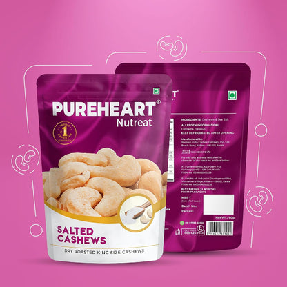 Pureheart Nutreat Roasted Salted Cashews, Flavourful & Crunchy Snack | Premium Salted Whole Cashew Nuts/Kaju Dry Fruit | Rich in Protein & Fiber | No Artificial Colors, Flavors, Preservatives