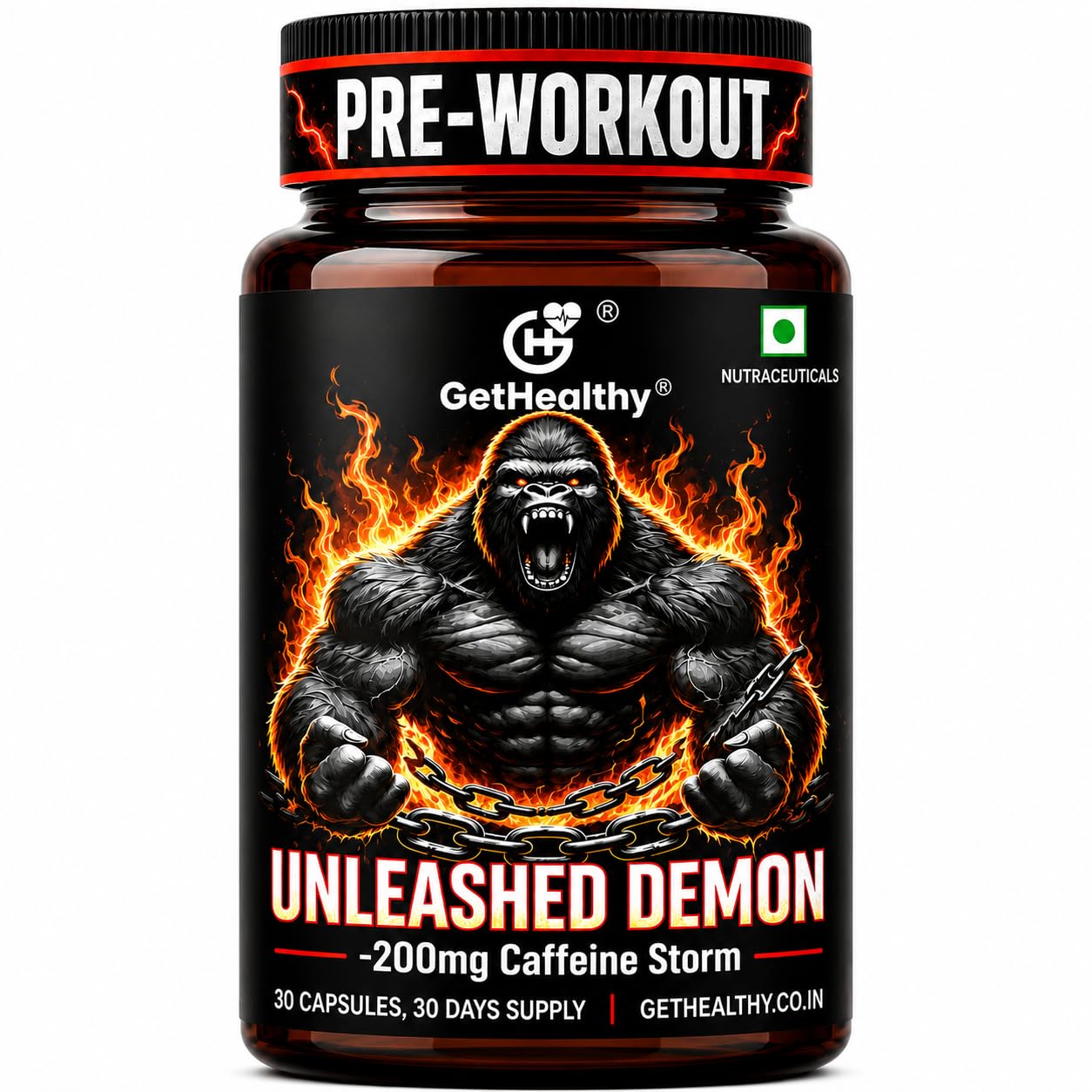 Pre-workout supplement bottle with a gorilla graphic and 'GetHealthy' branding on a white background.