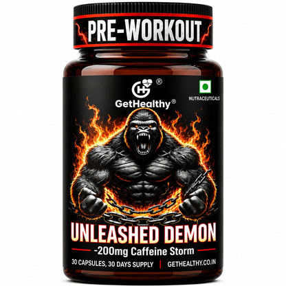 Pre-workout supplement bottle with a gorilla graphic and 'GetHealthy' branding on a white background.