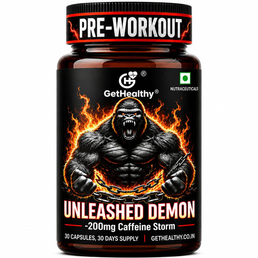 Pre-workout supplement bottle with a gorilla graphic and 'GetHealthy' branding on a white background.