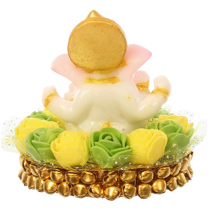 Lord Ganesha Idol on Decorative Handcrafted Plate with Green and Yellow Flowers