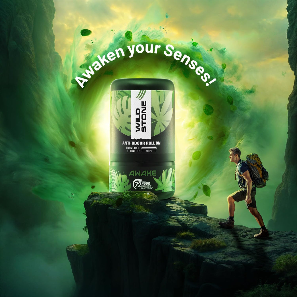 Wild Stone product with a person in a fantasy setting, text 'Awaken your Senses!'.