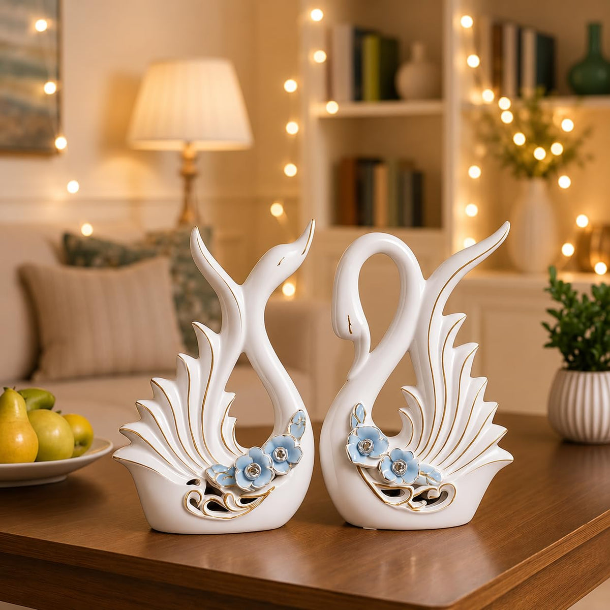 Modern Elite Swan Pair Ceramic Art Figure | Beautiful Home Decor (Set of 2, White)