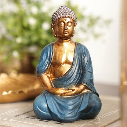 PURE HOME + LIVING Dark Blue Antique Gold Polyresin Sitting Buddha - Small Statue | for Office, Temple, Home Decor, Gifts, Mahavirjayanti & Living Room | Peaceful Buddha Sculpture (Pack of 1)
