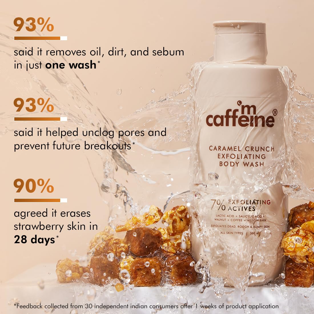 Body wash bottle with caramel crunch flavor and product features text on a beige background