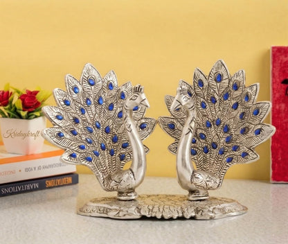 Double Peacock Metal Statue, Lovers Peacock Couple, Animal Showpiece Figurines, Feng Shui as Table Top Figurine for Living Room, Office, Bedroom, Decorative (Silver)