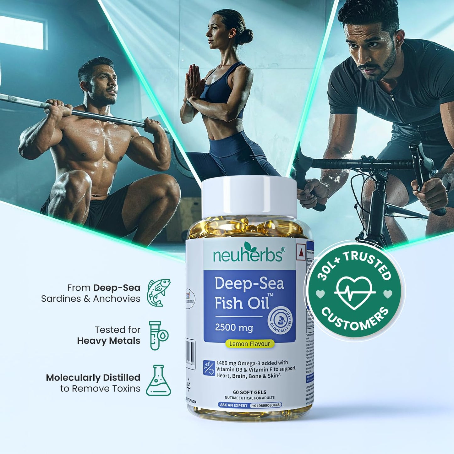 Neuherbs Deep Sea Omega 3 Fish Oil - Omega 3 Supplement Triple Strength 2500 Mg (Essential Fatty Acid Combination of 1486 mg 892 mg EPA 594 mg DHA/serving), Lemon Flavour- 60 Softgel