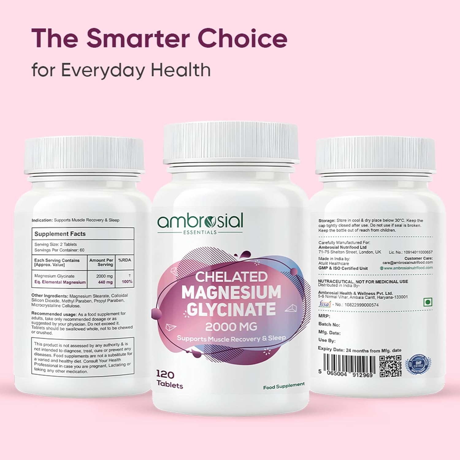 Three bottles of ambrosial Chelated Magnesium Glycinate 2000 MG on a pink background with text 'The Smarter Choice for Everyday Health'.