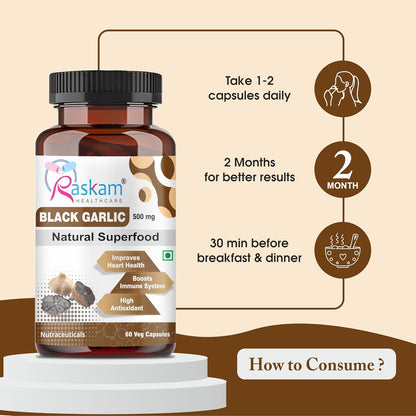 Raskam Black Garlic supplement bottle with usage instructions on a beige background