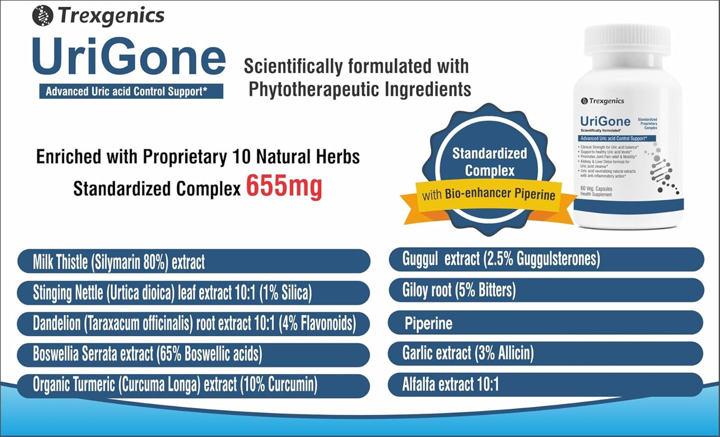 Advertisement for Trexegenics UriGone supplement with list of ingredients and product details.