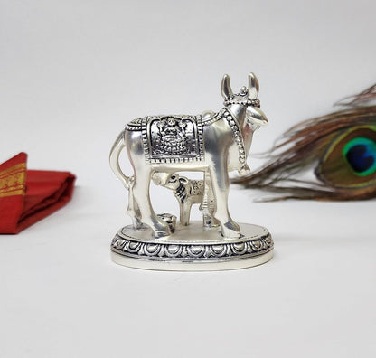 Gold Art India Kamdhenu Cow and Calf Idol | Silver Matte Finish Decorative Murti | 7.62 cm x 7.62 cm | Sacred Gau MATA Statue for Home Temple & Gift
