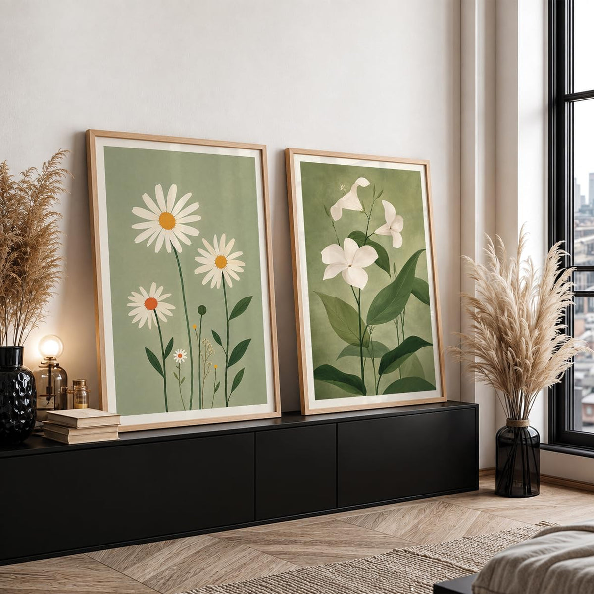 Green Floral Wall Art Set of 2 | Living Room (DGN03-Natural10x13 inch)