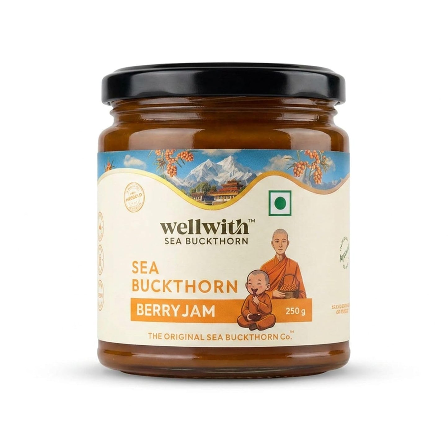 WellWith Sea Buckthorn Jam for Kids 250g, Pack of 1 | No Added Sugar | Made with Himalayan Sea Buckthorn Berries | Natural Fruit Spread for Bread, Toast, Pancakes & Sandwiches | Ideal For Breakfasts and Snacks.