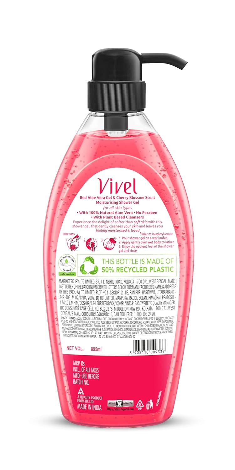 Vivel Red Aloe Vera & Cherry Blossom Scent Shower Gel, 895 ml, Moisturizing Body Wash, with Plant based Cleansers, Body wash Shower Gel for Women & Men, For All Skin Types